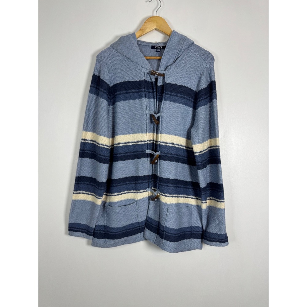 Coastal Nautical Chaps Denim Womens Large Hooded Toggle Cardigan Blue Striped